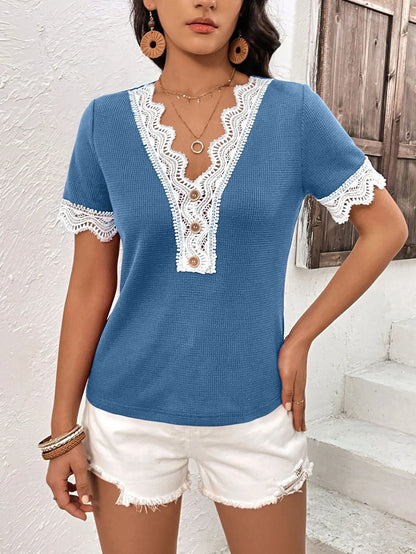 Ivy Lane Decorative Button Spliced Lace Short Sleeve Top - VILLA FASHION