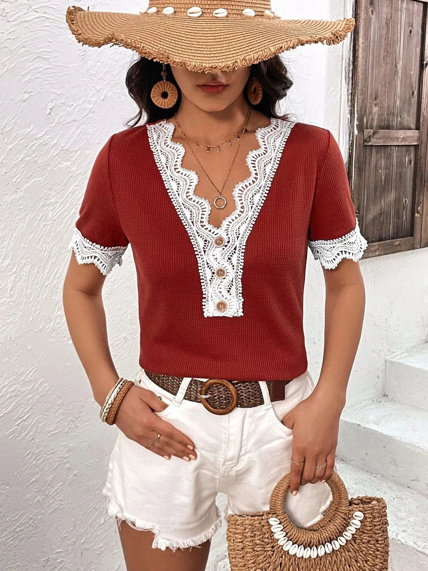 Ivy Lane Decorative Button Spliced Lace Short Sleeve Top - VILLA FASHION