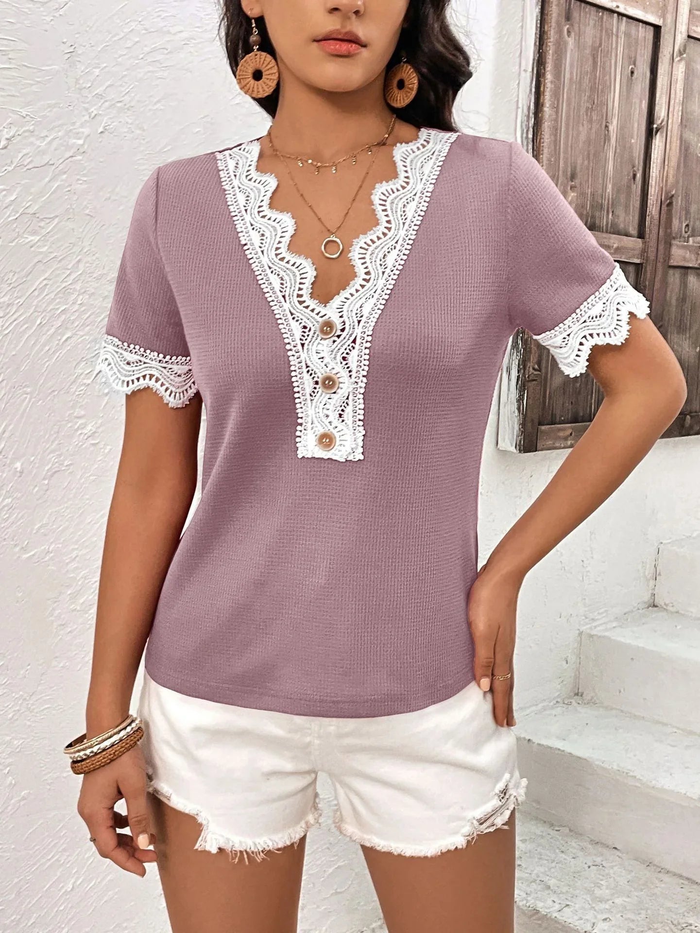 Ivy Lane Decorative Button Spliced Lace Short Sleeve Top - VILLA FASHION