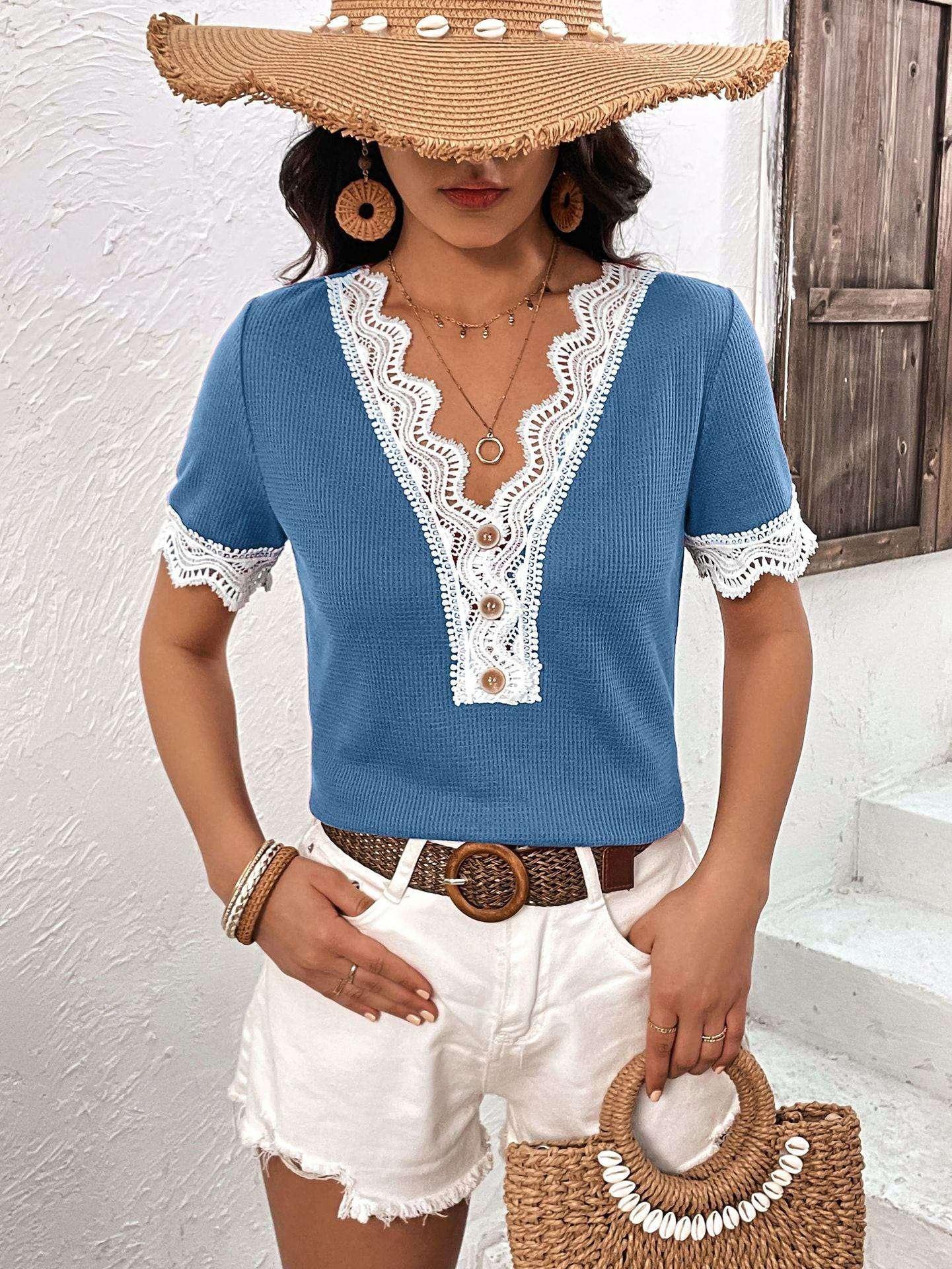 Ivy Lane Decorative Button Spliced Lace Short Sleeve Top - VILLA FASHION