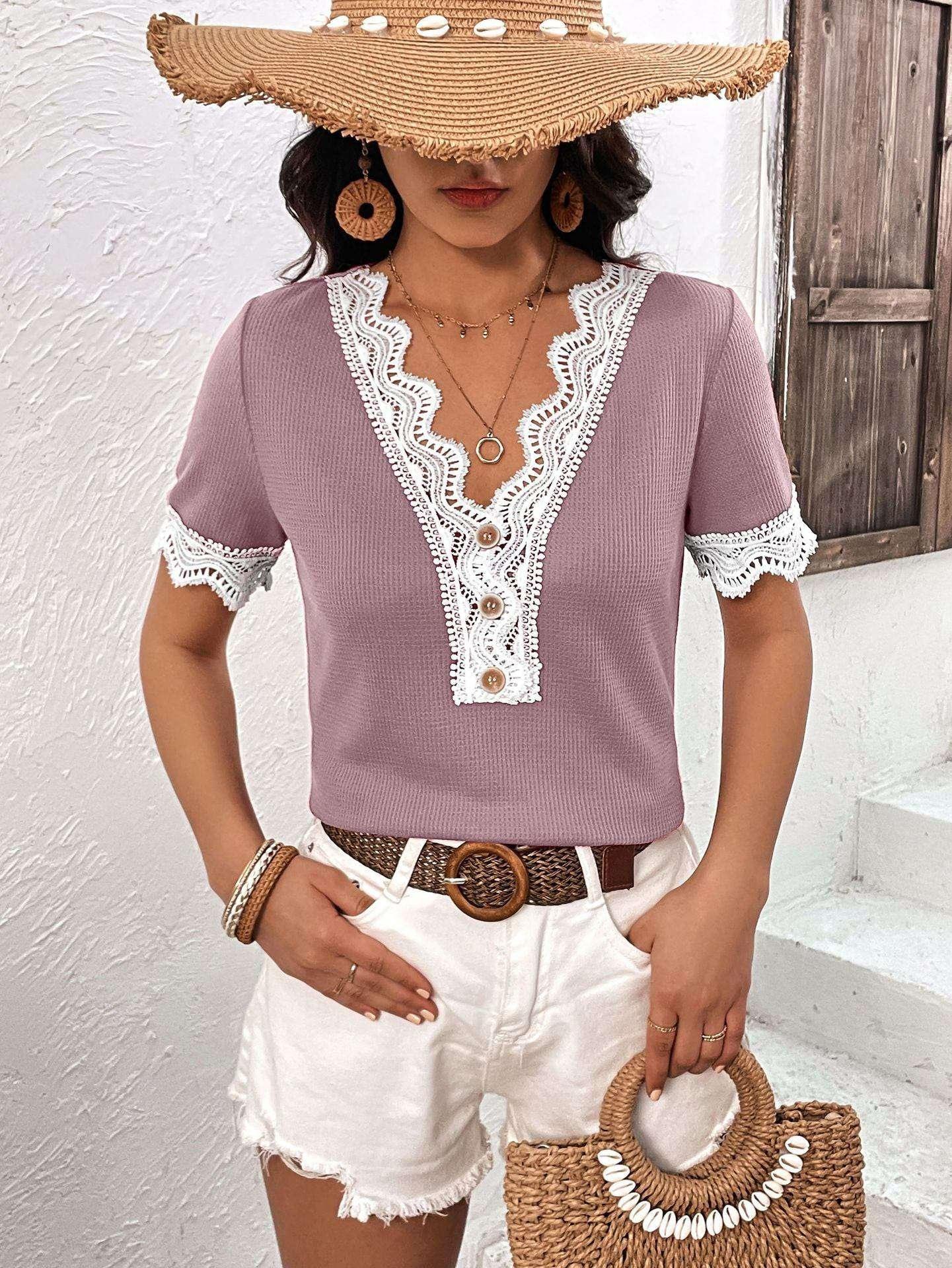 Ivy Lane Decorative Button Spliced Lace Short Sleeve Top - VILLA FASHION