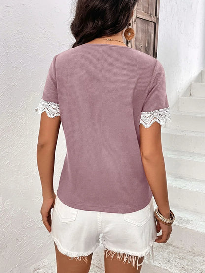 Ivy Lane Decorative Button Spliced Lace Short Sleeve Top - VILLA FASHION