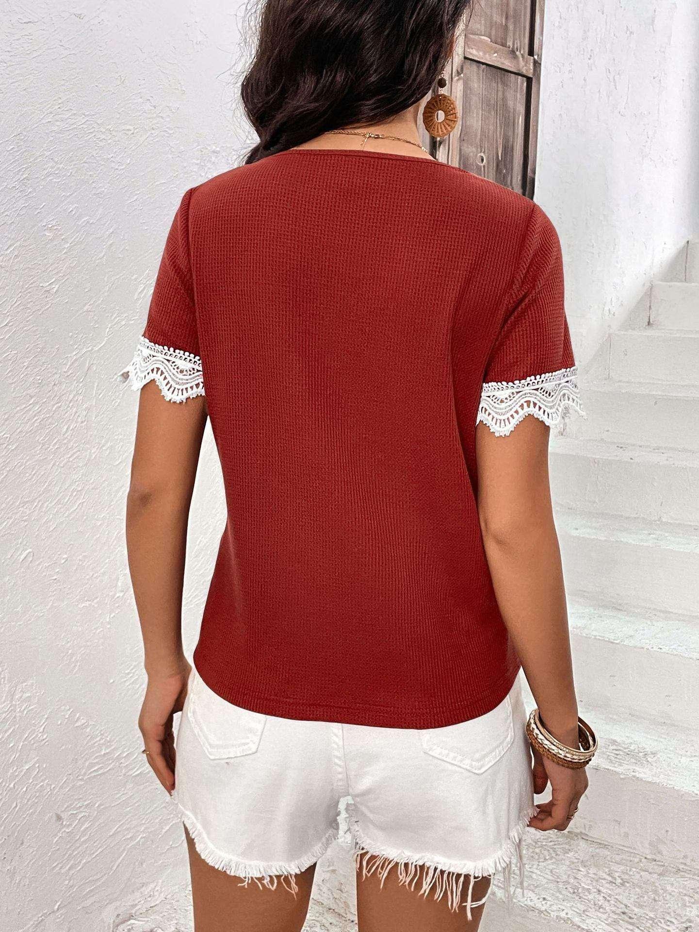 Ivy Lane Decorative Button Spliced Lace Short Sleeve Top - VILLA FASHION