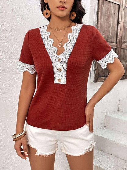 Ivy Lane Decorative Button Spliced Lace Short Sleeve Top - VILLA FASHION