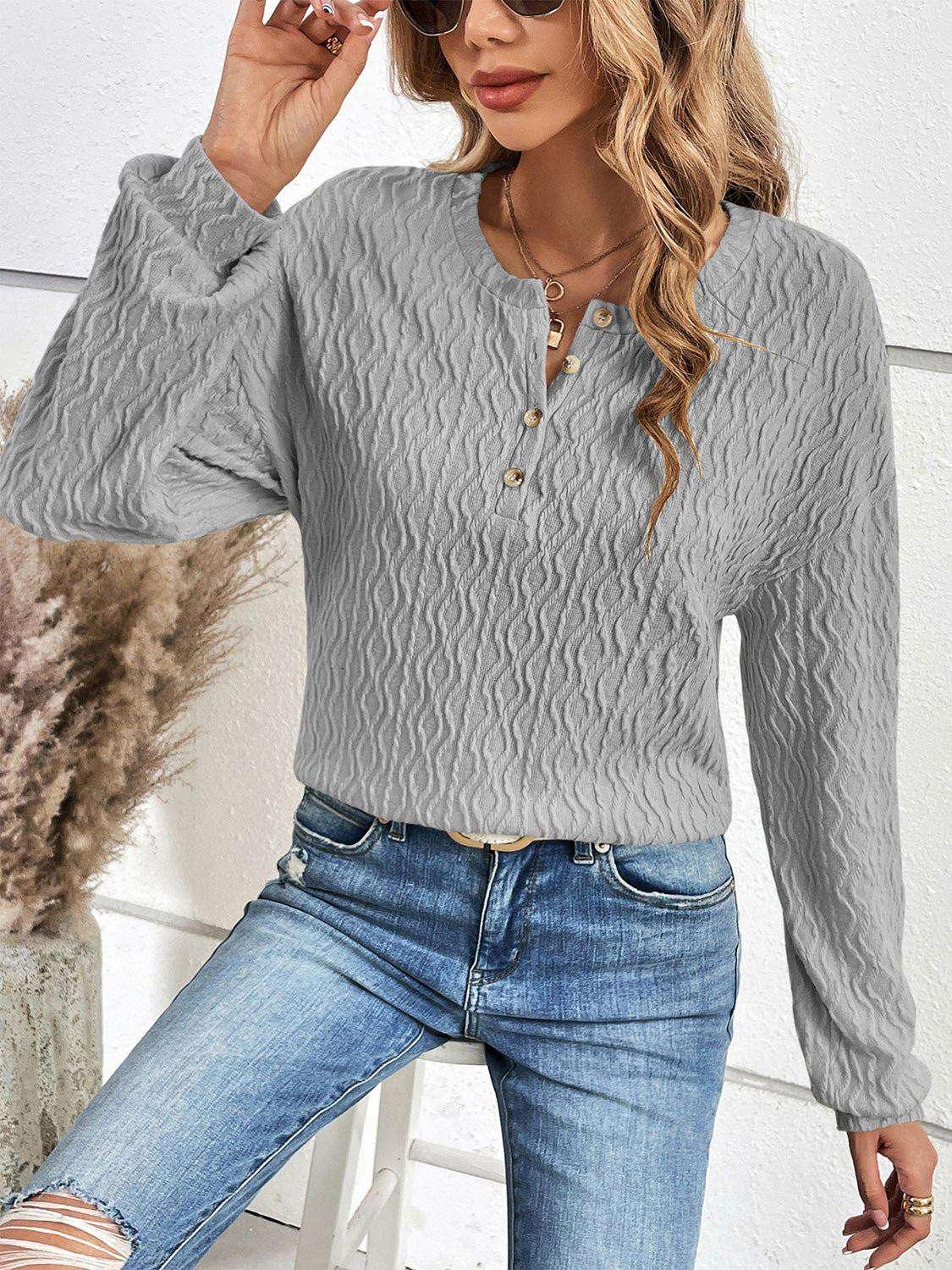 Ivy Lane Half Button Long Sleeve Top - VILLA FASHION