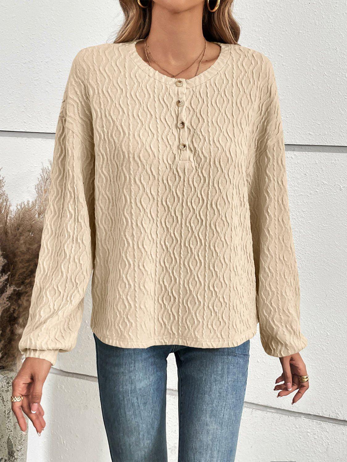 Ivy Lane Half Button Long Sleeve Top - VILLA FASHION