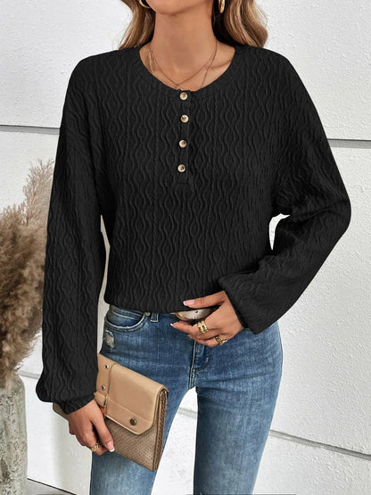 Ivy Lane Half Button Long Sleeve Top - VILLA FASHION