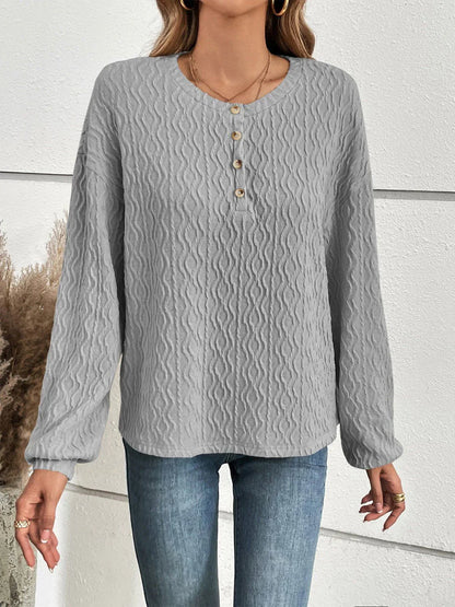 Ivy Lane Half Button Long Sleeve Top - VILLA FASHION