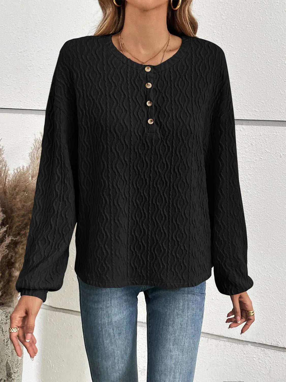 Ivy Lane Half Button Long Sleeve Top - VILLA FASHION