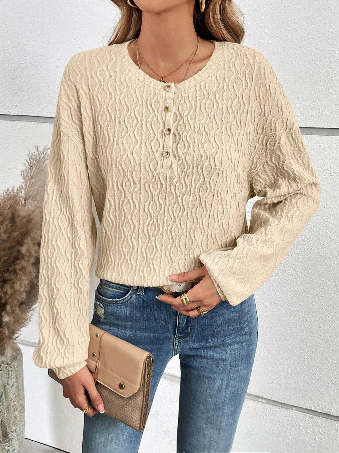 Ivy Lane Half Button Long Sleeve Top - VILLA FASHION