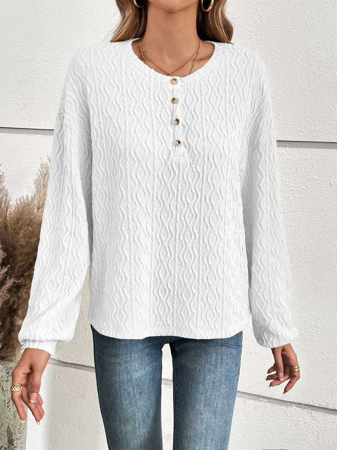 Ivy Lane Half Button Long Sleeve Top - VILLA FASHION