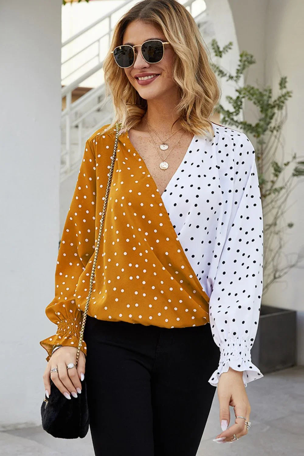 Ivy Lane Polka Dot Surplice Neck Lantern Sleeve Blouse - VILLA FASHION