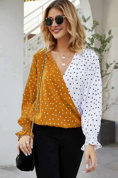 Ivy Lane Polka Dot Surplice Neck Lantern Sleeve Blouse - VILLA FASHION