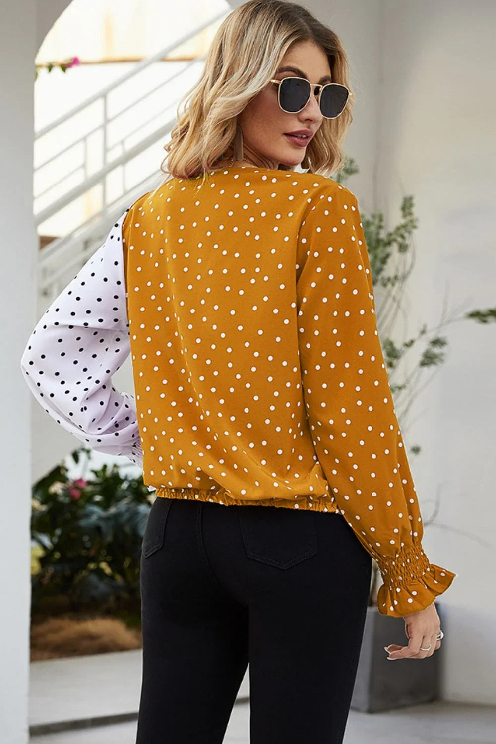 Ivy Lane Polka Dot Surplice Neck Lantern Sleeve Blouse - VILLA FASHION