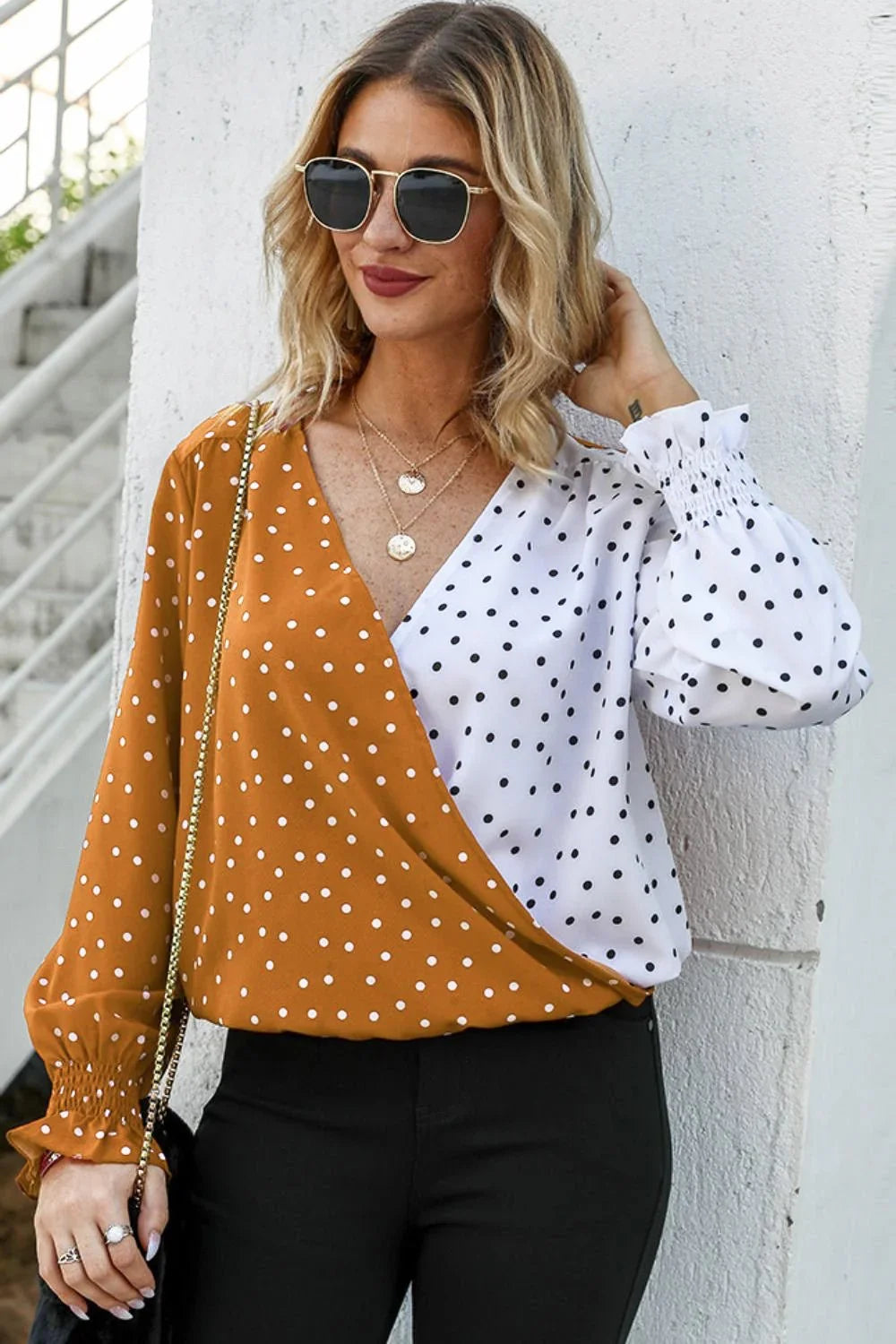 Ivy Lane Polka Dot Surplice Neck Lantern Sleeve Blouse - VILLA FASHION