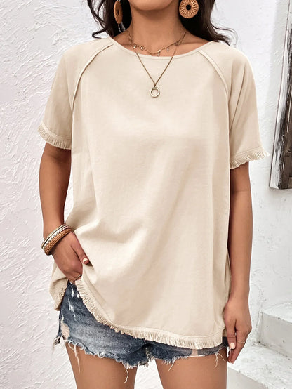Ivy Lane Round Neck Raglan Sleeve Fringe Detail Top - VILLA FASHION