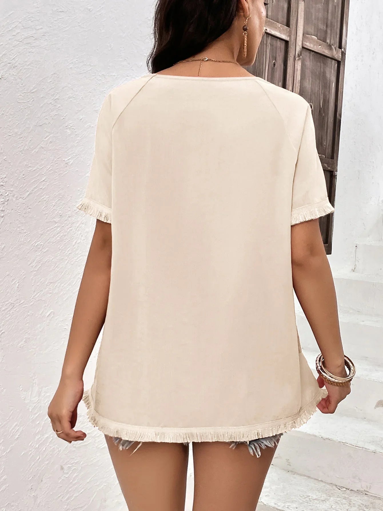 Ivy Lane Round Neck Raglan Sleeve Fringe Detail Top - VILLA FASHION