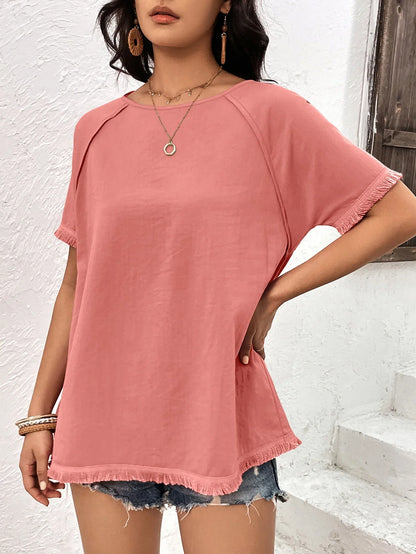 Ivy Lane Round Neck Raglan Sleeve Fringe Detail Top - VILLA FASHION