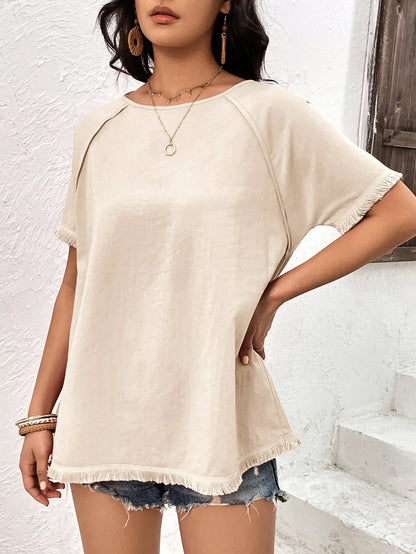 Ivy Lane Round Neck Raglan Sleeve Fringe Detail Top - VILLA FASHION
