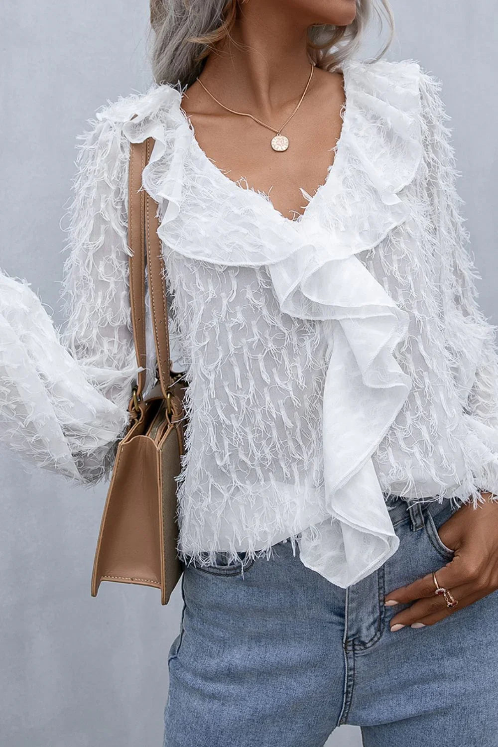 Ivy Lane Ruffle Hem Fringe V - Neck Balloon Sleeve Blouse - VILLA FASHION