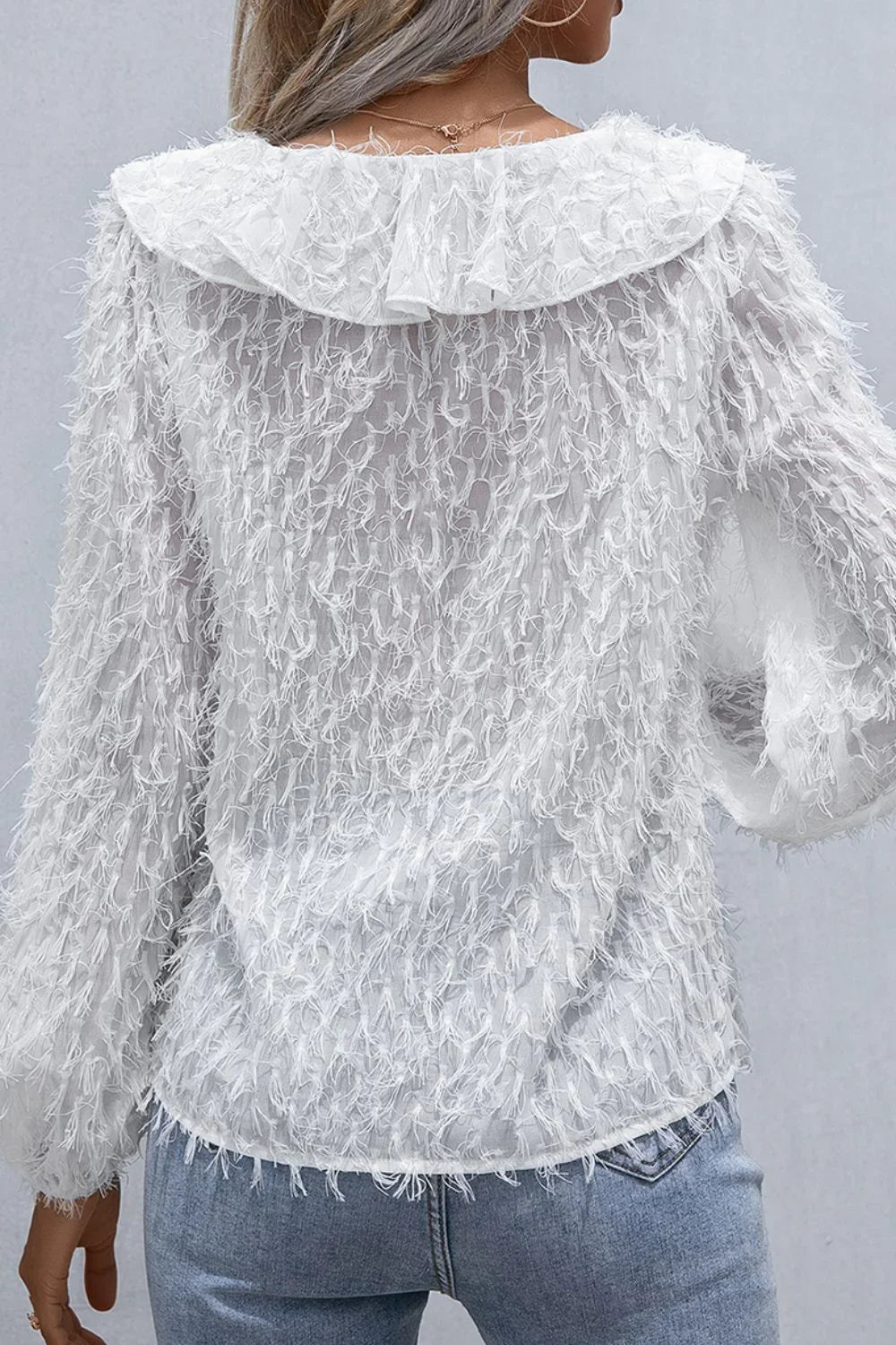 Ivy Lane Ruffle Hem Fringe V - Neck Balloon Sleeve Blouse - VILLA FASHION