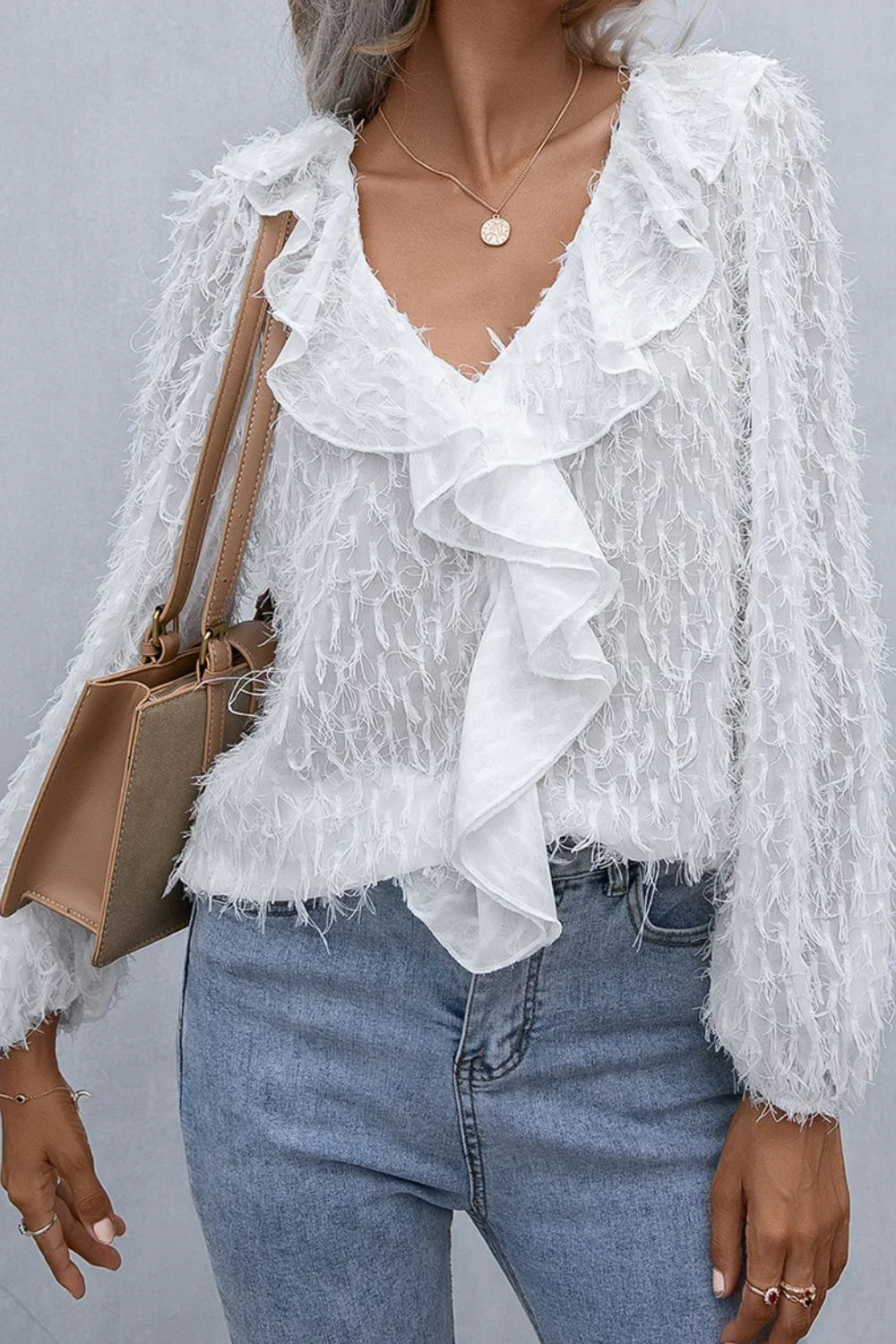 Ivy Lane Ruffle Hem Fringe V - Neck Balloon Sleeve Blouse - VILLA FASHION