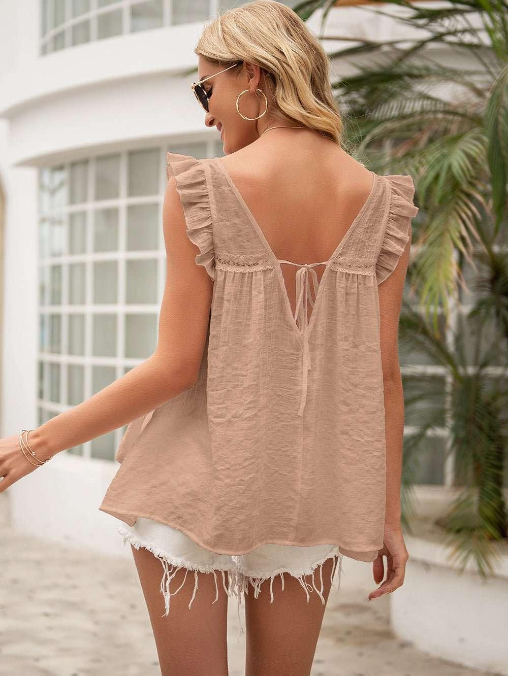 Ivy Lane Tie Back V - Neck Ruffled Blouse - VILLA FASHION