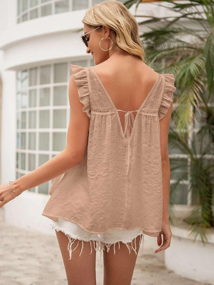 Ivy Lane Tie Back V - Neck Ruffled Blouse - VILLA FASHION