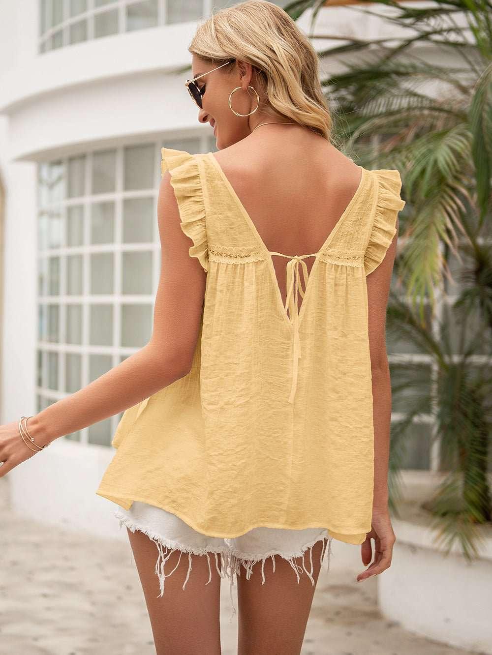 Ivy Lane Tie Back V - Neck Ruffled Blouse - VILLA FASHION