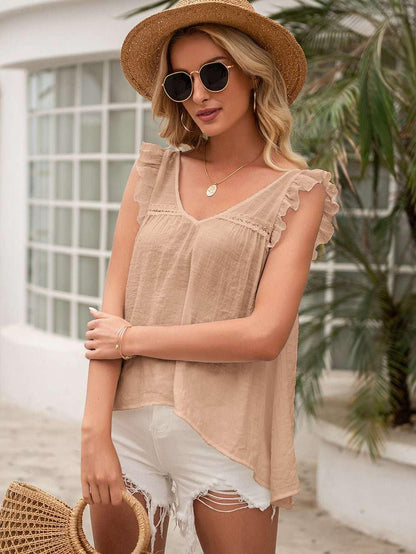 Ivy Lane Tie Back V - Neck Ruffled Blouse - VILLA FASHION