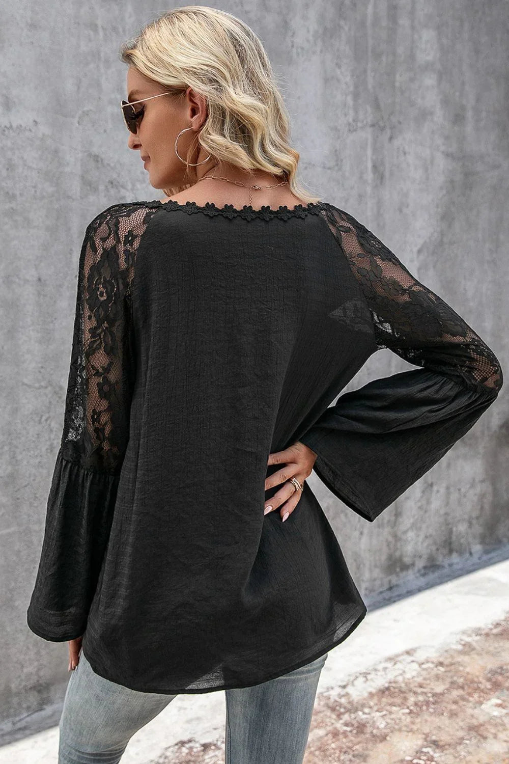 Ivy Lane V - Neck Spliced Lace Flare Sleeve Top - VILLA FASHION