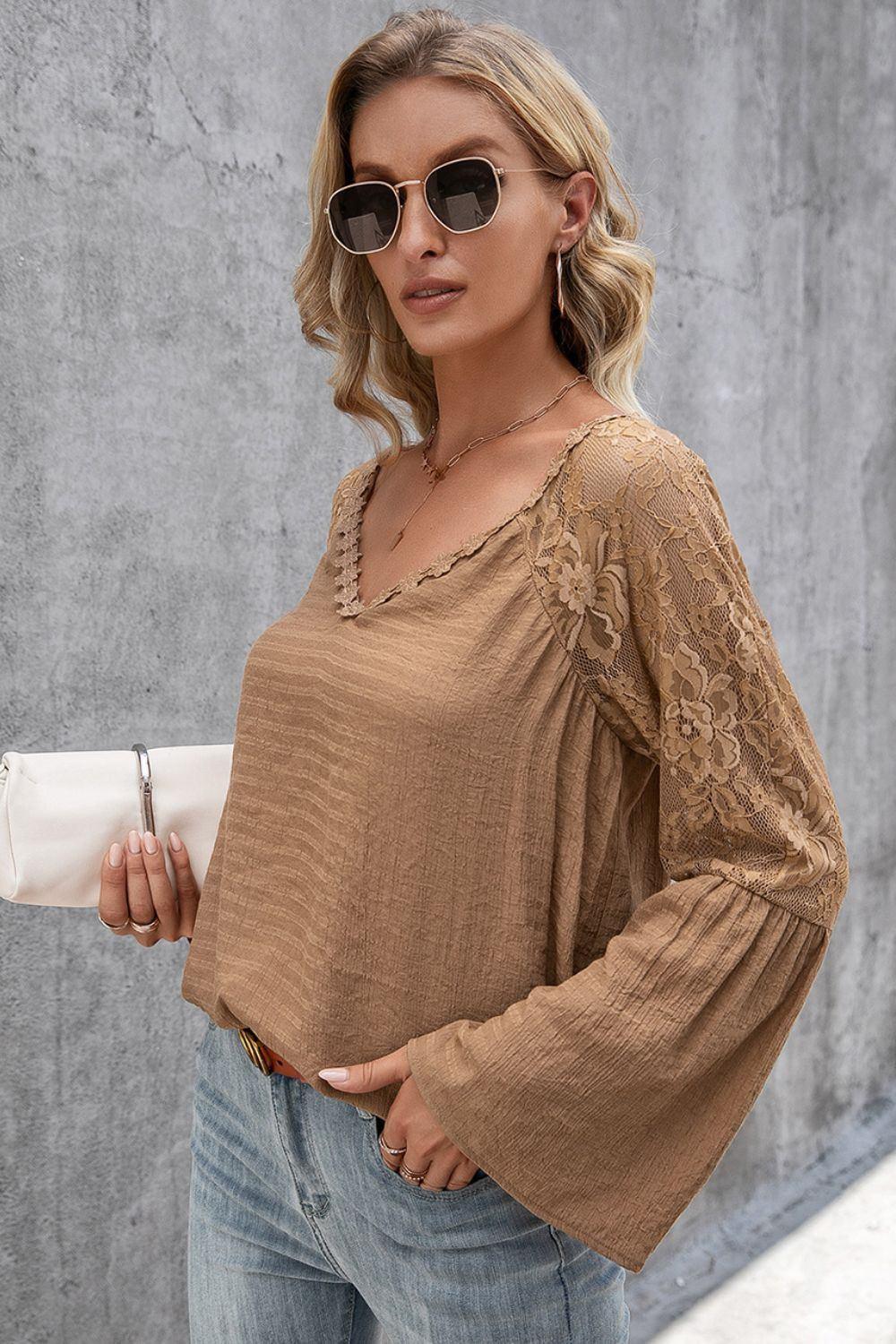 Ivy Lane V - Neck Spliced Lace Flare Sleeve Top - VILLA FASHION