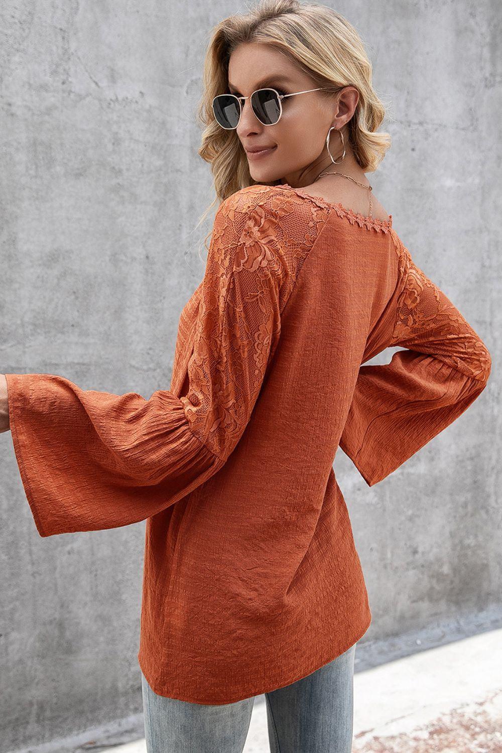 Ivy Lane V - Neck Spliced Lace Flare Sleeve Top - VILLA FASHION