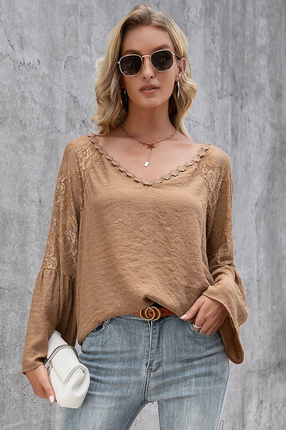 Ivy Lane V - Neck Spliced Lace Flare Sleeve Top - VILLA FASHION
