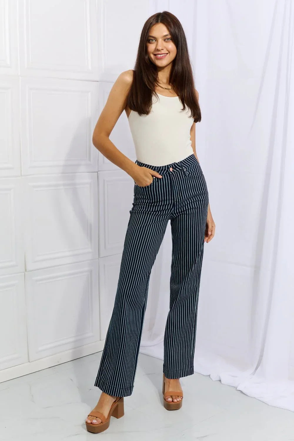 Judy Blue Cassidy Full Size High Waisted Tummy Control Striped Straight Jeans - VILLA FASHION