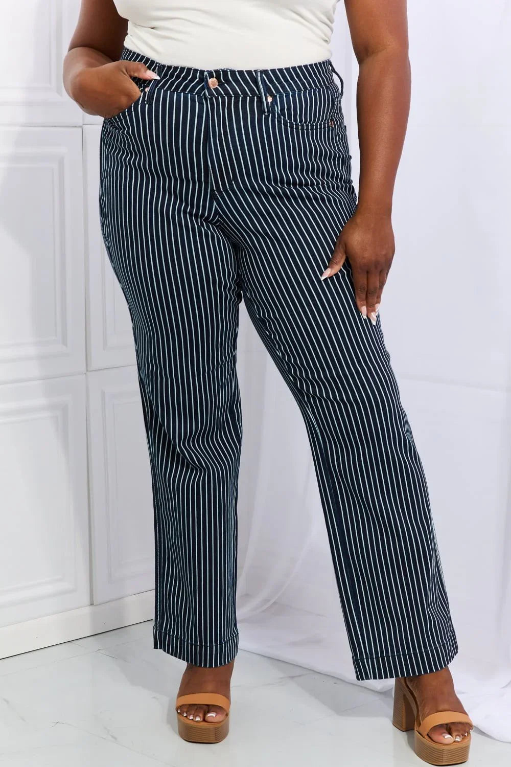 Judy Blue Cassidy Full Size High Waisted Tummy Control Striped Straight Jeans - VILLA FASHION