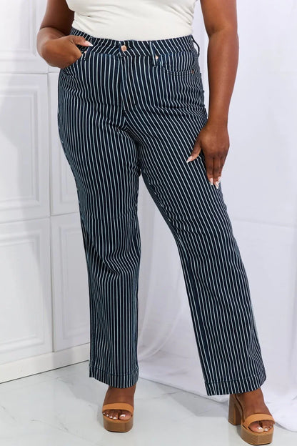 Judy Blue Cassidy Full Size High Waisted Tummy Control Striped Straight Jeans - VILLA FASHION