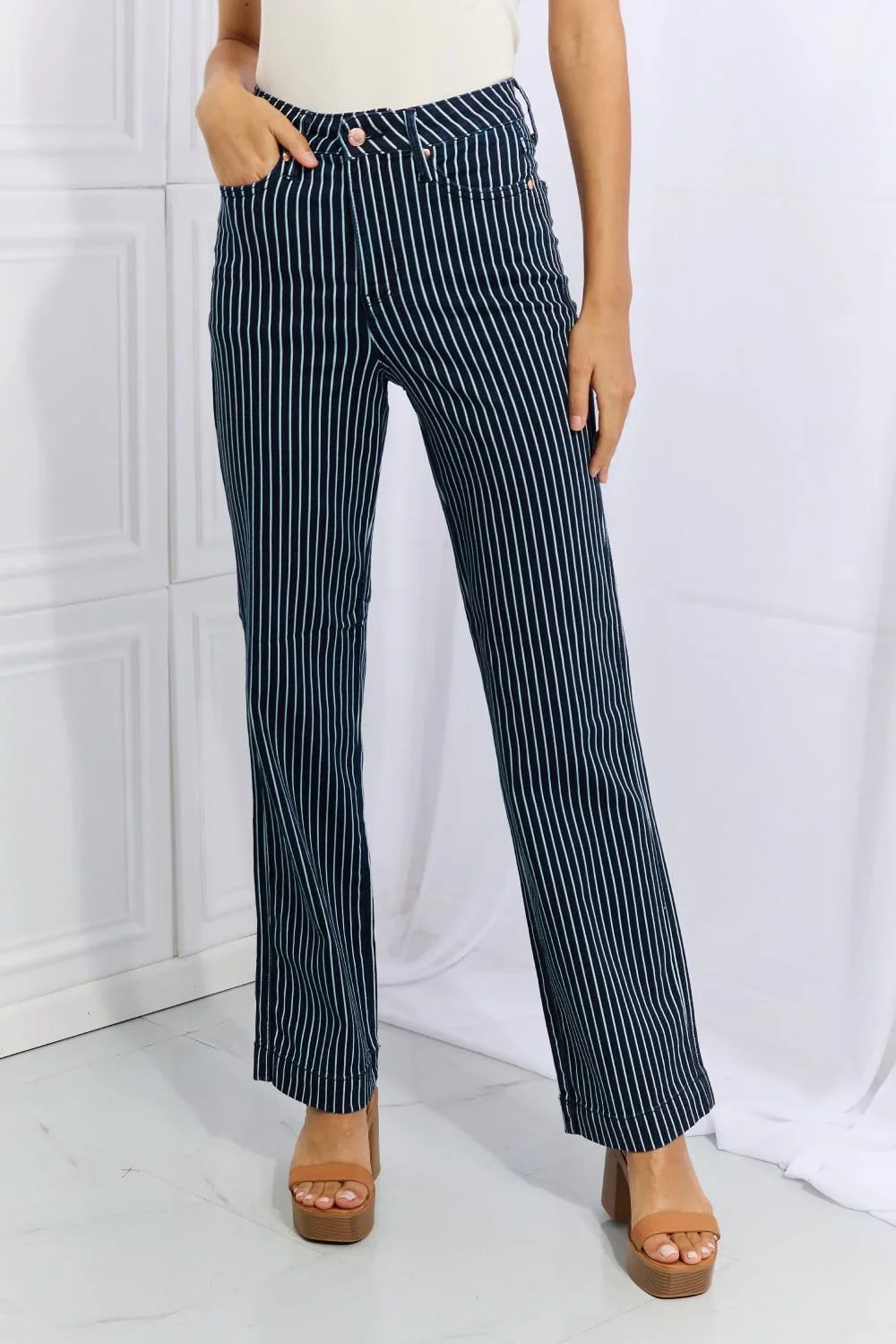 Judy Blue Cassidy Full Size High Waisted Tummy Control Striped Straight Jeans - VILLA FASHION