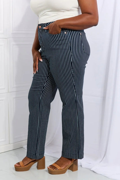 Judy Blue Cassidy Full Size High Waisted Tummy Control Striped Straight Jeans - VILLA FASHION