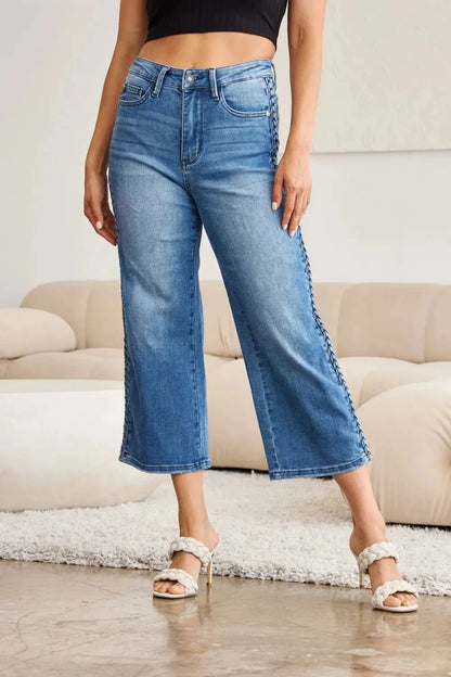 Judy Blue Full Size Braid Side Detail Wide Leg Jeans - VILLA FASHION