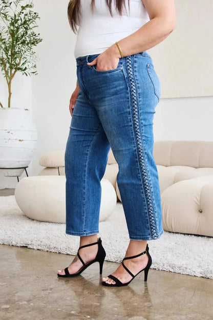 Judy Blue Full Size Braid Side Detail Wide Leg Jeans - VILLA FASHION