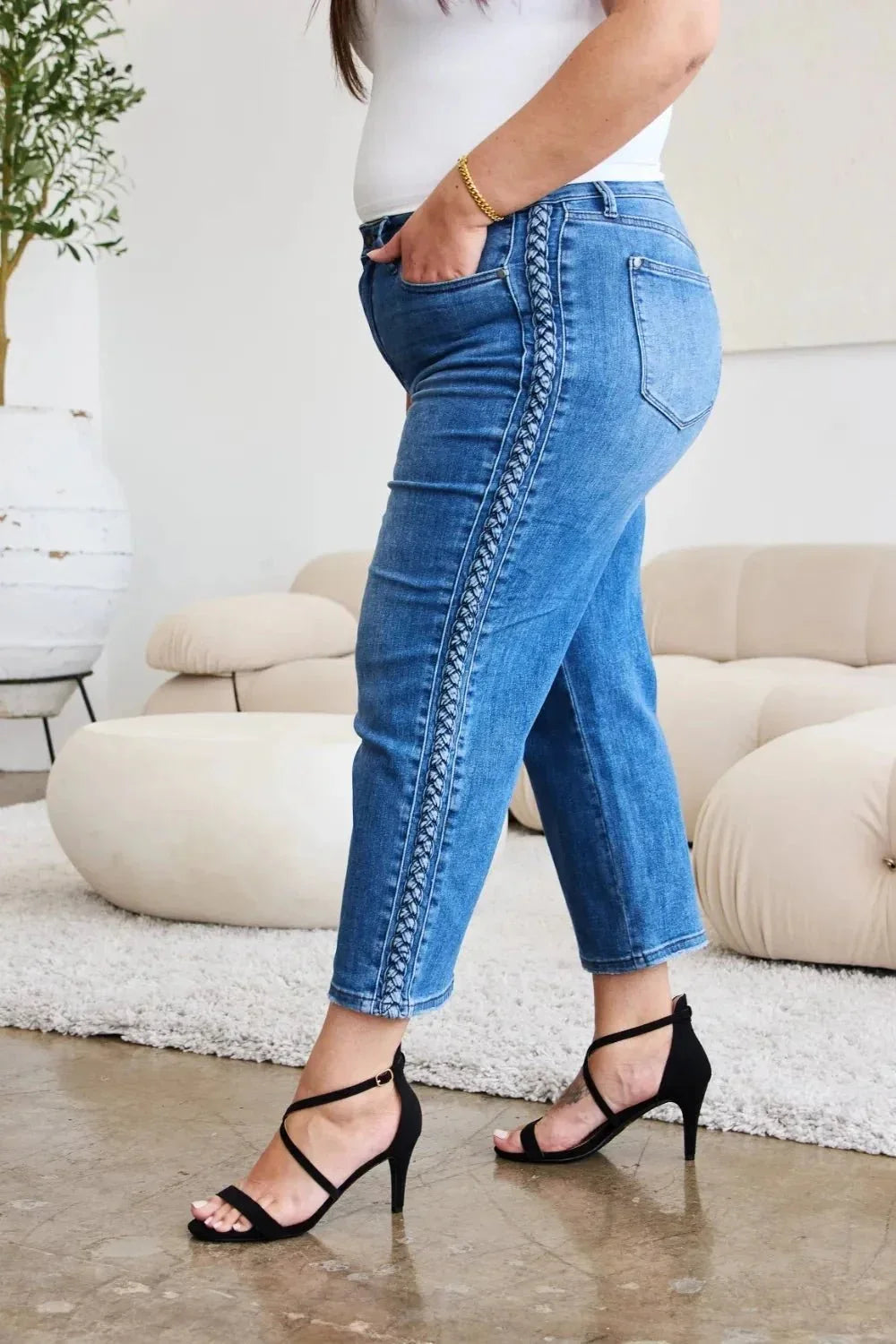 Judy Blue Full Size Braid Side Detail Wide Leg Jeans - VILLA FASHION