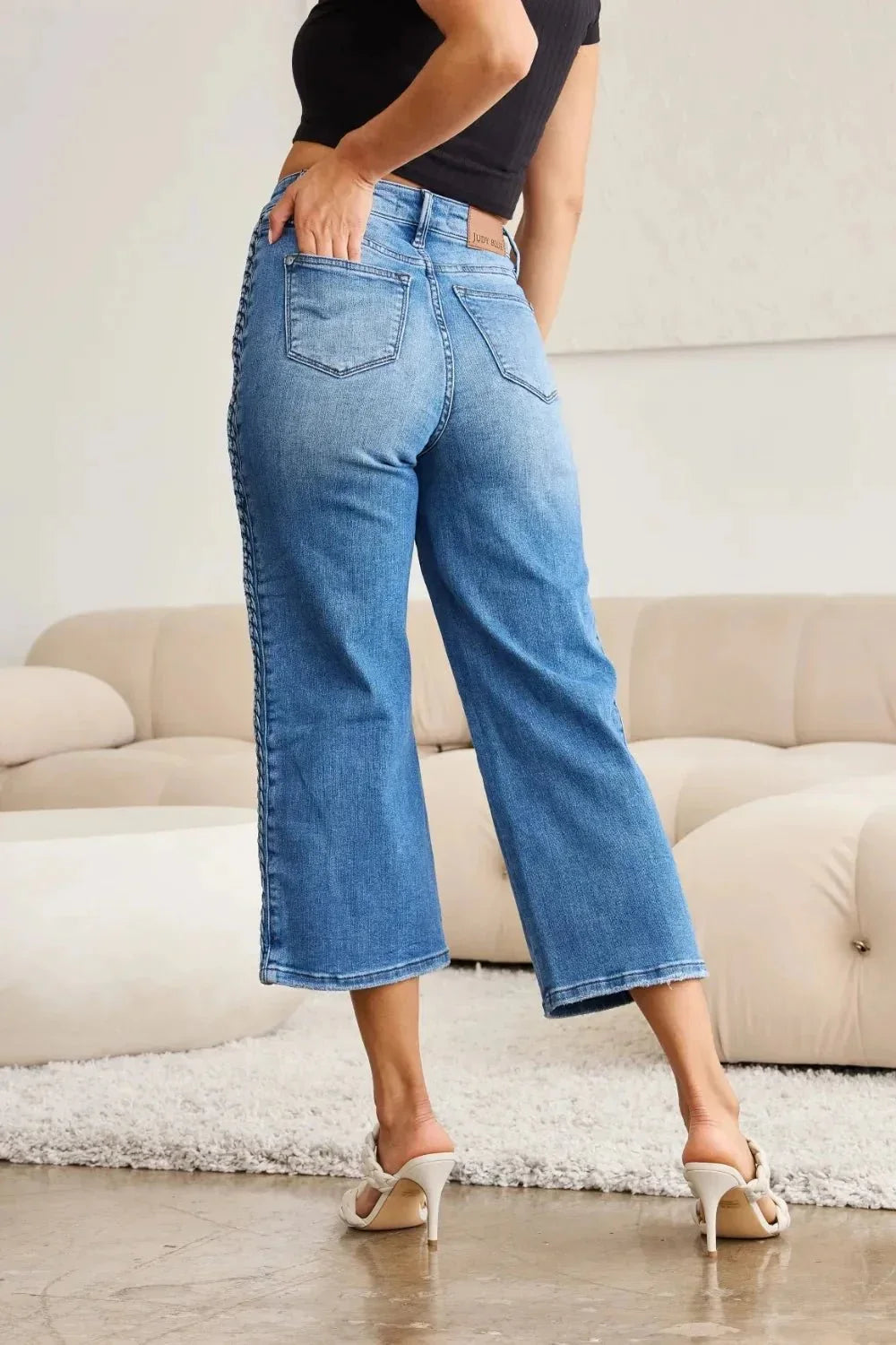 Judy Blue Full Size Braid Side Detail Wide Leg Jeans - VILLA FASHION