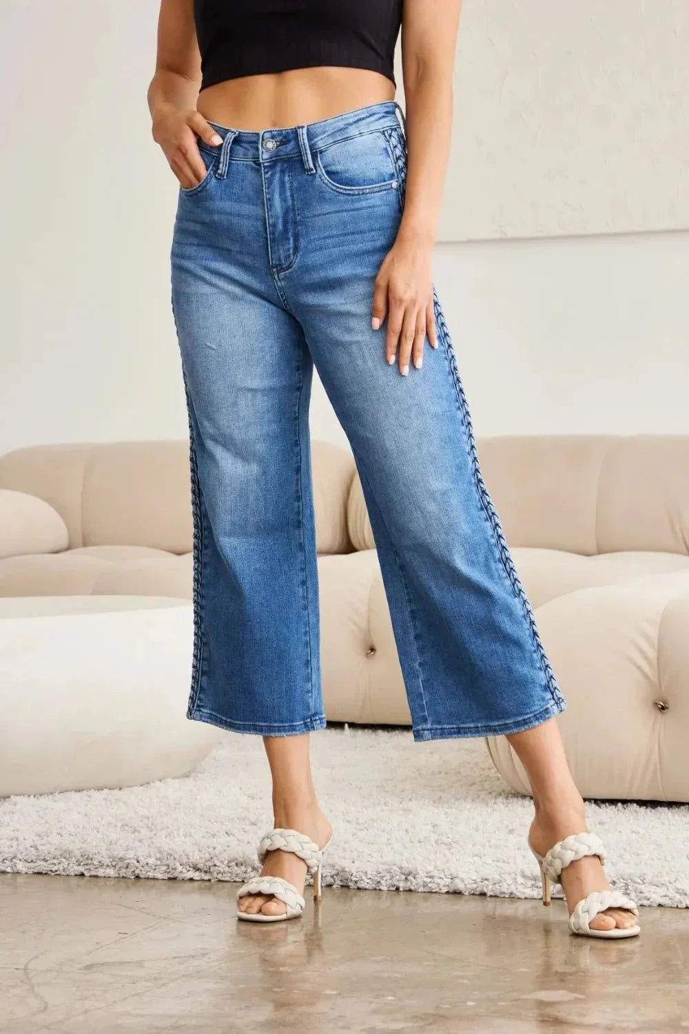 Judy Blue Full Size Braid Side Detail Wide Leg Jeans - VILLA FASHION