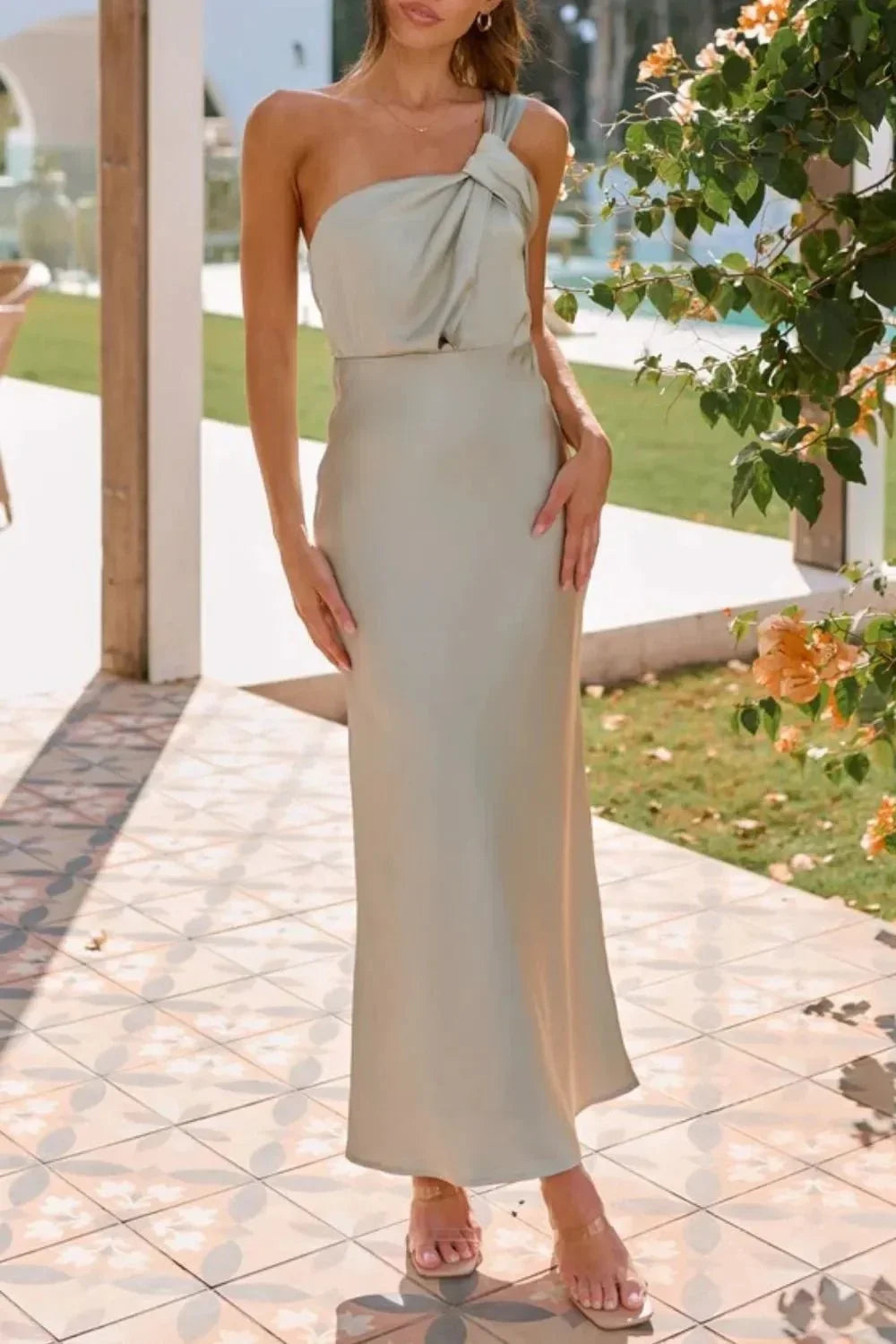 Knotted Single Shoulder Maxi Dress - VILLA FASHION