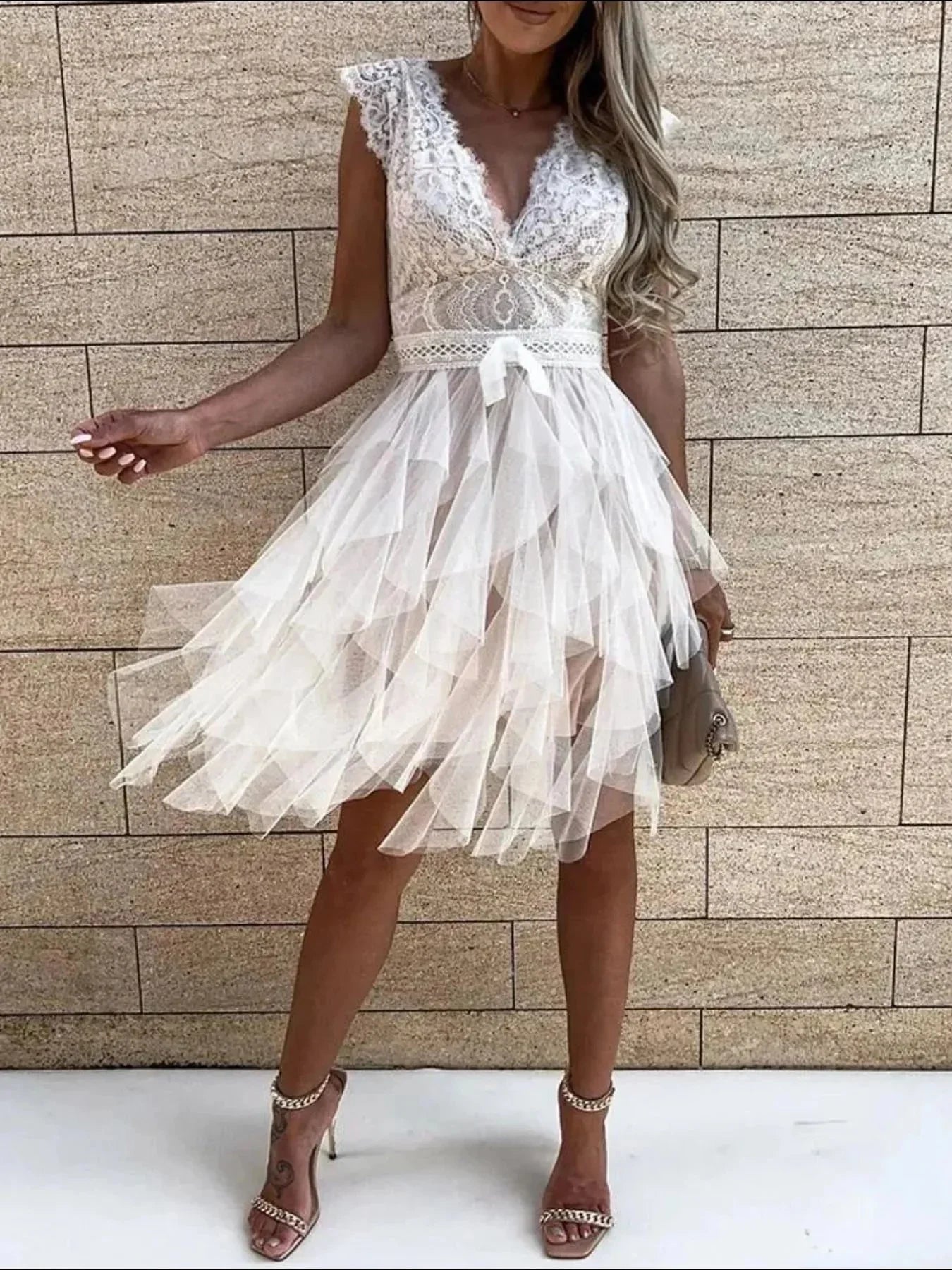 Lace Bodice Layered Tulle Dress - VILLA FASHION