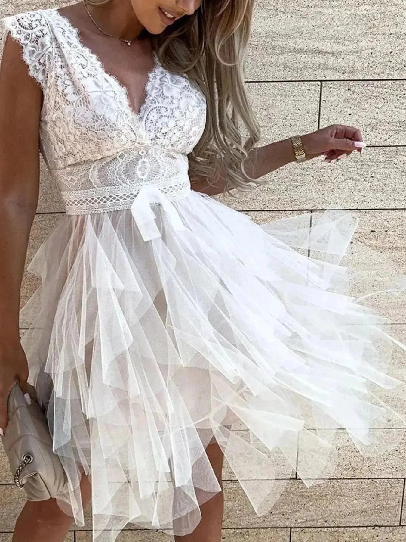Lace Bodice Layered Tulle Dress - VILLA FASHION