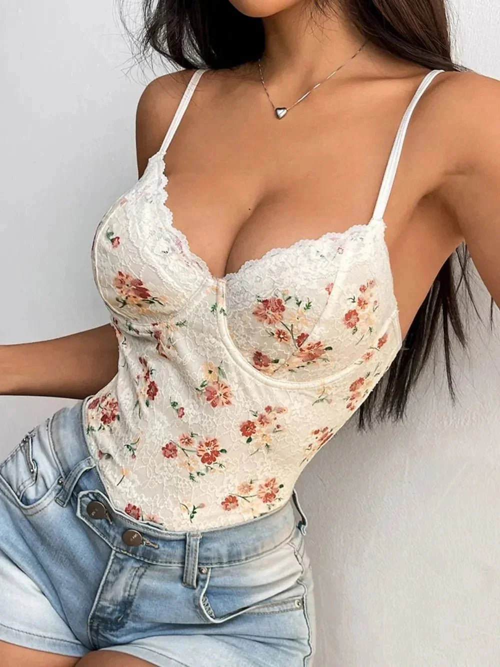 Lace Detail Crisscross Back Spaghetti Strap Bodysuit - VILLA FASHION