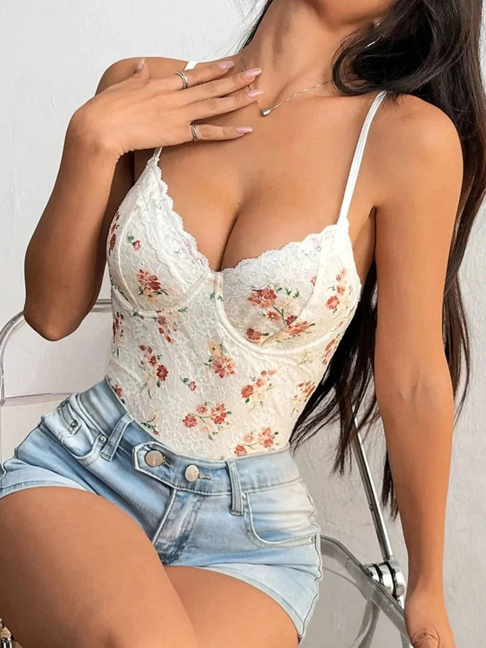 Lace Detail Crisscross Back Spaghetti Strap Bodysuit - VILLA FASHION