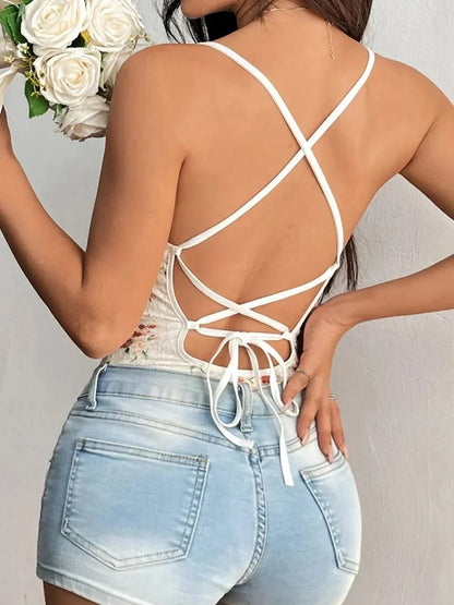 Lace Detail Crisscross Back Spaghetti Strap Bodysuit - VILLA FASHION